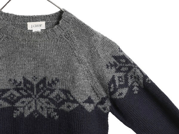 00s ジェイクルー ノルディック ニット セーター メンズ XS 古着 オールド ウール 手編み ハンドメイド ミドルゲージ 総柄 旧タグ ツートン