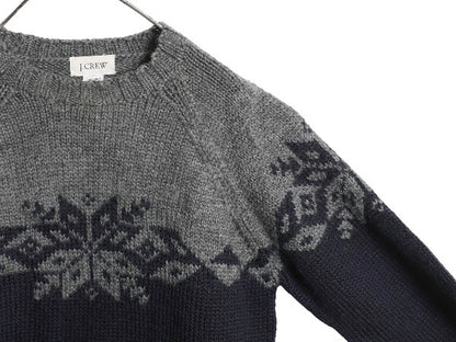 00s ジェイクルー ノルディック ニット セーター メンズ XS 古着 オールド ウール 手編み ハンドメイド ミドルゲージ 総柄 旧タグ ツートン