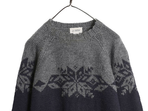 00s ジェイクルー ノルディック ニット セーター メンズ XS 古着 オールド ウール 手編み ハンドメイド ミドルゲージ 総柄 旧タグ ツートン