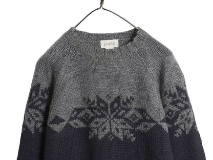 00s ジェイクルー ノルディック ニット セーター メンズ XS 古着 オールド ウール 手編み ハンドメイド ミドルゲージ 総柄 旧タグ ツートン