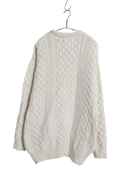 アイルランド製 フィッシャーマン ウール ニット セーター メンズ XXL / 古着 アラン ケーブル クルーネック 大きいサイズ ナチュラル 無地