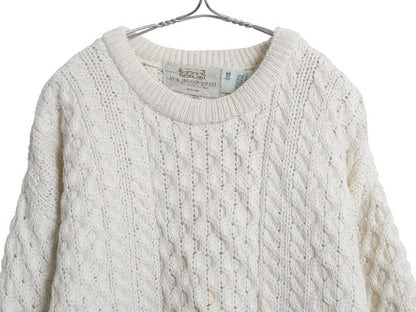 アイルランド製 フィッシャーマン ウール ニット セーター メンズ XXL / 古着 アラン ケーブル クルーネック 大きいサイズ ナチュラル 無地