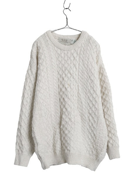 アイルランド製 フィッシャーマン ウール ニット セーター メンズ XXL / 古着 アラン ケーブル クルーネック 大きいサイズ ナチュラル 無地