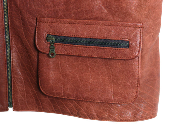 LEATEHR NETWORK フルジップ 本革 レザー ベスト メンズ XL 程/ サファリ タイプ ライナー付き 4ポケット 重ね着 前開き 大きいサイズ 茶