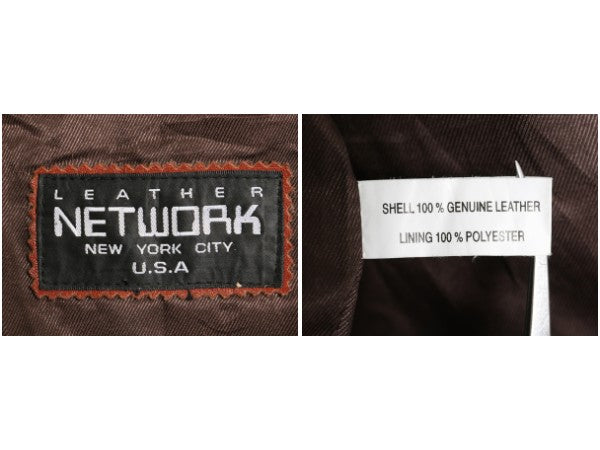 LEATEHR NETWORK フルジップ 本革 レザー ベスト メンズ XL 程/ サファリ タイプ ライナー付き 4ポケット 重ね着 前開き 大きいサイズ 茶