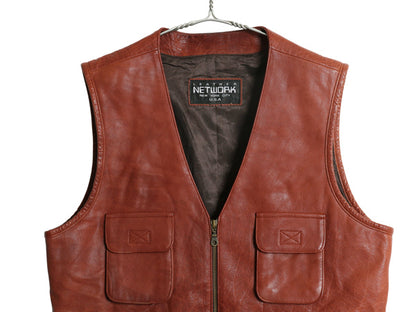 LEATEHR NETWORK フルジップ 本革 レザー ベスト メンズ XL 程/ サファリ タイプ ライナー付き 4ポケット 重ね着 前開き 大きいサイズ 茶