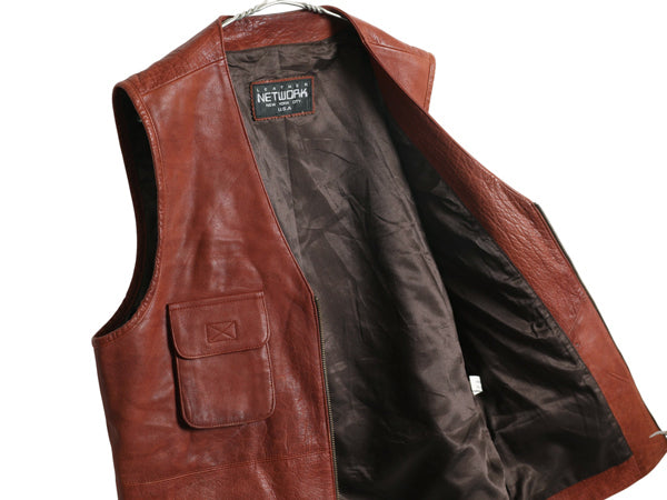 LEATEHR NETWORK フルジップ 本革 レザー ベスト メンズ XL 程/ サファリ タイプ ライナー付き 4ポケット 重ね着 前開き 大きいサイズ 茶