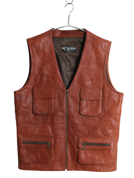 LEATEHR NETWORK フルジップ 本革 レザー ベスト メンズ XL 程/ サファリ タイプ ライナー付き 4ポケット 重ね着 前開き 大きいサイズ 茶