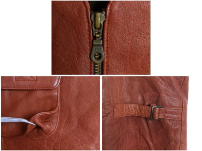 LEATEHR NETWORK フルジップ 本革 レザー ベスト メンズ XL 程/ サファリ タイプ ライナー付き 4ポケット 重ね着 前開き 大きいサイズ 茶