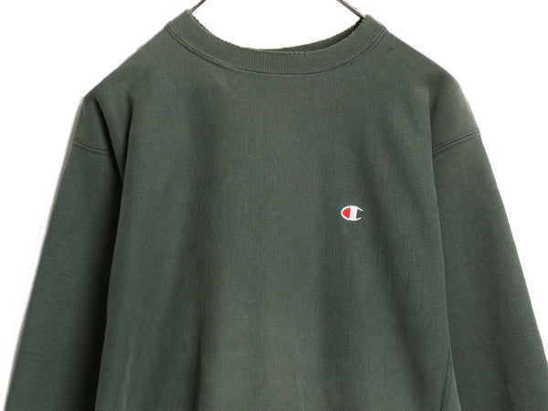 90s USA製 ★ チャンピオン リバースウィーブ スウェット メンズ XL 程 古着 オールド トレーナー ワンポイント 目付き ヘビーウェイト 緑