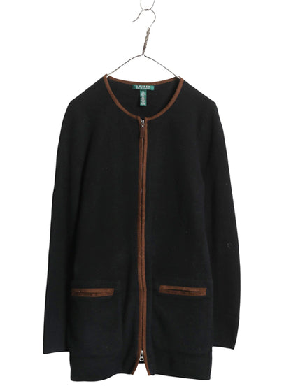 00s ローレン ラルフローレン ノーカラー ニット ジャケット レディース M / オールド フルジップ コットン セーター ロング ブレザー 黒