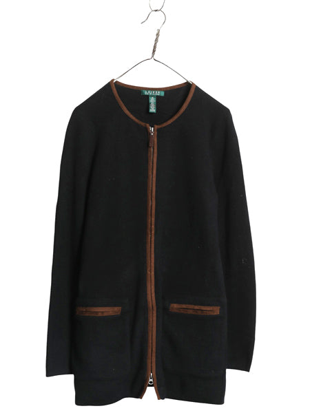 00s ローレン ラルフローレン ノーカラー ニット ジャケット レディース M / オールド フルジップ コットン セーター ロング ブレザー 黒