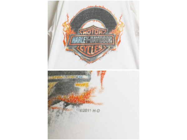 ハーレー ダビットソン 4面 プリント 長袖 Tシャツ メンズ M / オフィシャル バイク スカル ファイヤー パターン イラスト アート ロンT 白