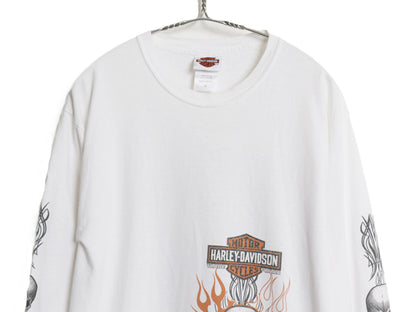 ハーレー ダビットソン 4面 プリント 長袖 Tシャツ メンズ M / オフィシャル バイク スカル ファイヤー パターン イラスト アート ロンT 白