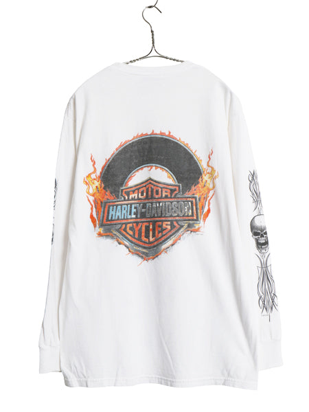 ハーレー ダビットソン 4面 プリント 長袖 Tシャツ メンズ M / オフィシャル バイク スカル ファイヤー パターン イラスト アート ロンT 白