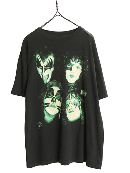 90s ★ キッス 蓄光 プリント Tシャツ メンズ L 程/ オールド 当時物 フォト イラスト バンド ロック オフィシャル 半袖Tシャツ ブラック
