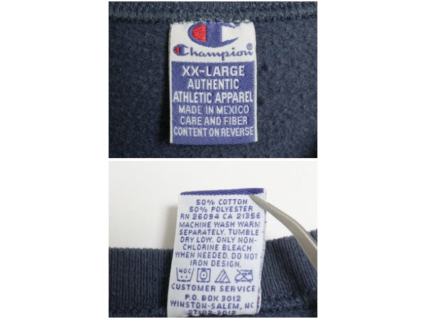 90s チャンピオン 2段 カレッジ プリント スウェット メンズ XXL / オールド トレーナー クルーネック 裏起毛 薄手 ネイビー 大きいサイズ