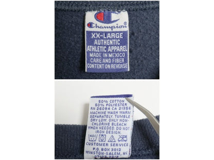 90s チャンピオン 2段 カレッジ プリント スウェット メンズ XXL / オールド トレーナー クルーネック 裏起毛 薄手 ネイビー 大きいサイズ