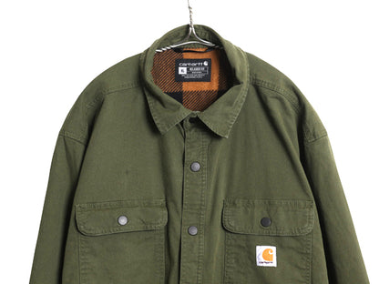 US企画 カーハート コットン キャンバス シャツ ジャケット メンズ XL 古着 フリース ライナー付き ストレッチ ワーク 大きいサイズ カーキ