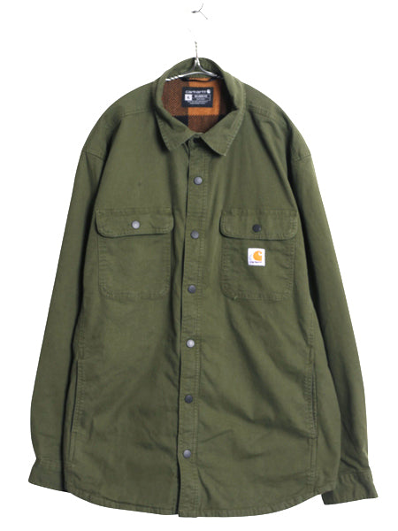 US企画 カーハート コットン キャンバス シャツ ジャケット メンズ XL 古着 フリース ライナー付き ストレッチ ワーク 大きいサイズ カーキ
