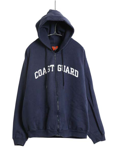 USA製 COAST GUARD フルジップ プリント スウェット フード パーカー メンズ M 古着 トレーナー 裏起毛 ヘビーウェイト 軍物 ミリタリー 紺