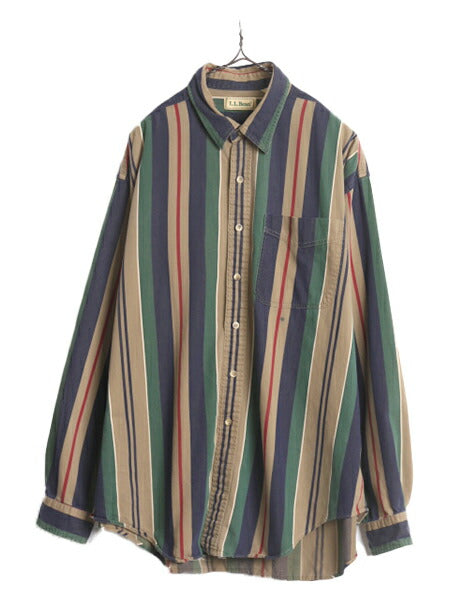 90s エルエルビーン ストライプ 長袖 シャツ メンズ XL 古着 90年代 オールド LLBean 長袖シャツ 大きいサイズ ポケット付き マルチカラー