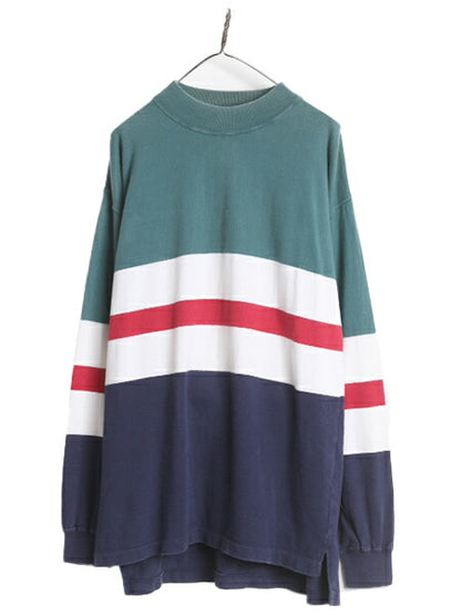 90s エディーバウアー モックネック ボーダー 長袖 Tシャツ メンズ XL 程 古着 90年代 オールド Eddie Bauer ラガーシャツ 素材 ロンT 厚手