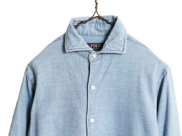 ポロ ラルフローレン 長袖 シャツ メンズ S / 古着 コットン 長袖シャツ ドレス ワイシャツ 無地 ワンポイント 刺し子 カジュアル ブルー