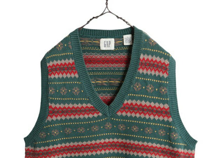 00s OLD GAP コットン ニット ベスト メンズ レディース S / オールド ギャップ フェアアイル ノルディック セーター Vネック バーズアイ