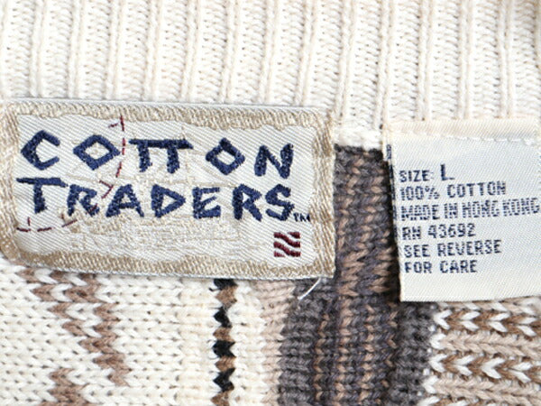 90s COTTON TRADERS 3D 立体編み コットン ニット セーター メンズ L / 古着 90年代 オールド クルーネック ヘビーウェイト マルチカラー