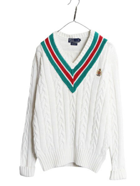 90s ポロ ラルフローレン チルデン コットン ニット セーター メンズ L / 古着 オールド Vネック ケーブル 大きいサイズ クッキー クレスト