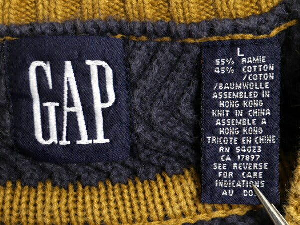 90s OLD GAP チルデン ケーブル ニット セーター メンズ L 古着 90年代 オールド ギャップ 紺タグ Vネック ヘビーウェイト ラミー コットン