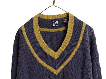 90s OLD GAP チルデン ケーブル ニット セーター メンズ L 古着 90年代 オールド ギャップ 紺タグ Vネック ヘビーウェイト ラミー コットン