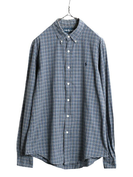 90s ラルフローレン チェック 長袖 ボタンダウン シャツ メンズ L / 古着 90年代 オールド ポロ コットン ワンポイント 長袖シャツ BD 薄手