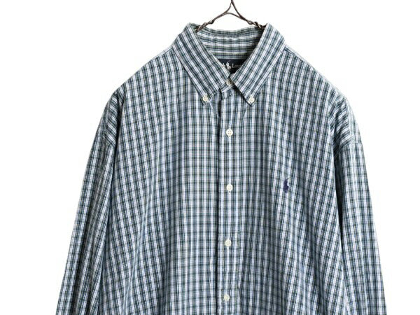 90s ラルフローレン チェック 長袖 ボタンダウン シャツ メンズ L / 古着 90年代 オールド ポロ 長袖シャツ コットン 薄手 マルチカラー BD