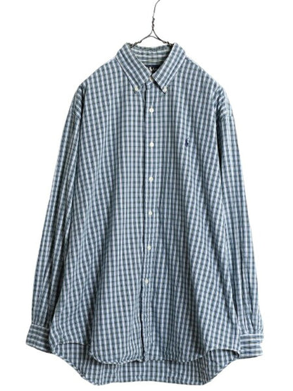 90s ラルフローレン チェック 長袖 ボタンダウン シャツ メンズ L / 古着 90年代 オールド ポロ 長袖シャツ コットン 薄手 マルチカラー BD