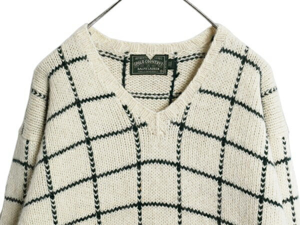 80s ポロカントリー ラルフローレン チェック ウール ニット セーター メンズ XL 古着 ヴィンテージ ポロ Vネック 大きいサイズ ナチュラル