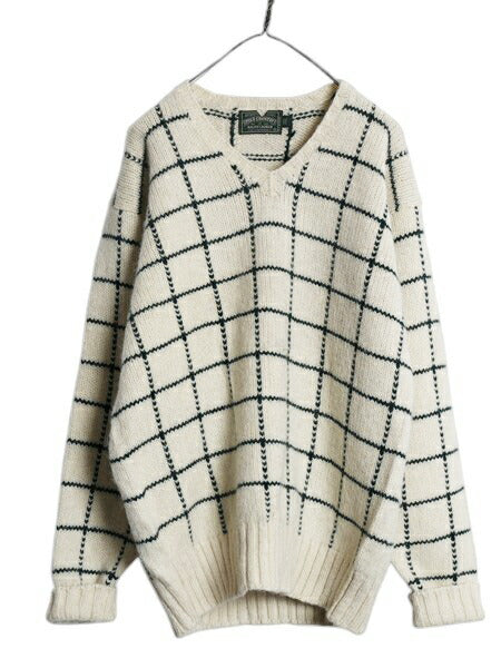 80s ポロカントリー ラルフローレン チェック ウール ニット セーター メンズ XL 古着 ヴィンテージ ポロ Vネック 大きいサイズ ナチュラル