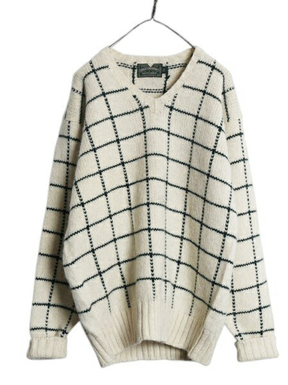 80s ポロカントリー ラルフローレン チェック ウール ニット セーター メンズ XL 古着 ヴィンテージ ポロ Vネック 大きいサイズ ナチュラル