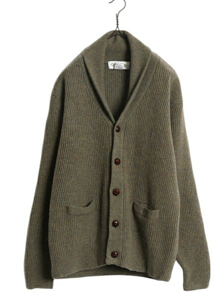 00s オービス ショールカラー ニット カーディガン メンズ L 古着 オールド ラム ウール セーター リブ編み チャンキー アウトドア カーキ