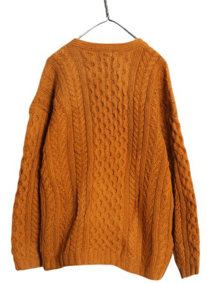 手編み 90s フィッシャーマン ハンド ニット カーディガン レディース L オールド ハンドメイド シェットランド ウール セーター ケーブル