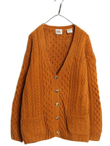 手編み 90s フィッシャーマン ハンド ニット カーディガン レディース L オールド ハンドメイド シェットランド ウール セーター ケーブル