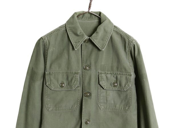 60s 米軍実物 US ARMY コットン サテン ユーティリティ シャツ S 程 64年製 ヴィンテージ ミリタリー 軍物 筒袖 3rd OG107 アーミー カーキ