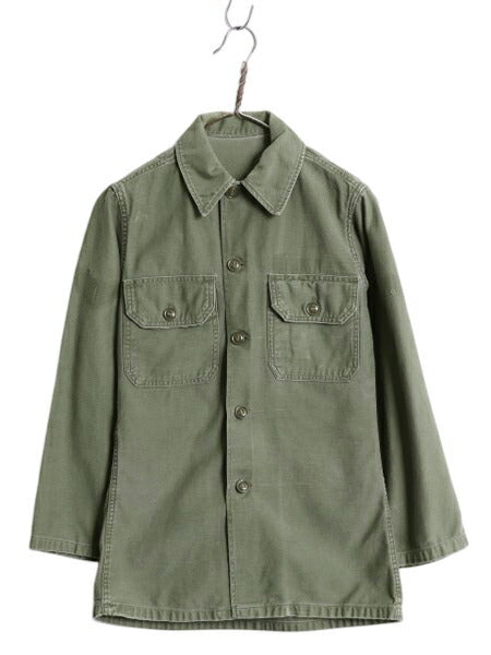 60s 米軍実物 US ARMY コットン サテン ユーティリティ シャツ S 程 64年製 ヴィンテージ ミリタリー 軍物 筒袖 3rd OG107 アーミー カーキ