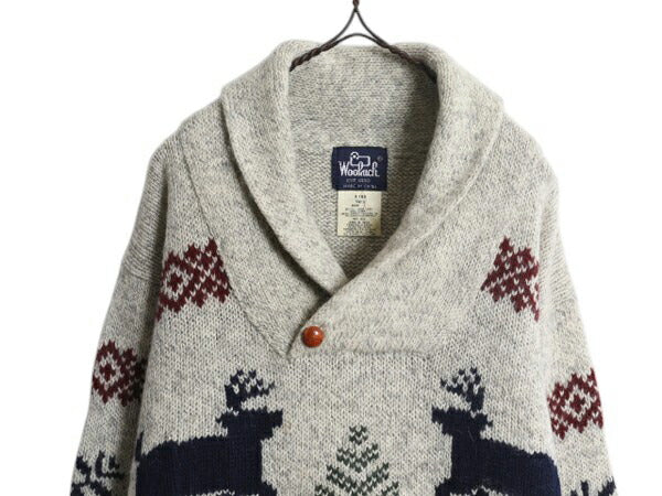 80s ウールリッチ ショールカラー ウール ニット セーター メンズ L / ヴィンテージ Woolrich 紺タグ ノルディック バーズアイ 絵柄 総柄