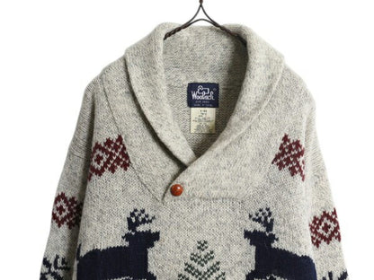 80s ウールリッチ ショールカラー ウール ニット セーター メンズ L / ヴィンテージ Woolrich 紺タグ ノルディック バーズアイ 絵柄 総柄