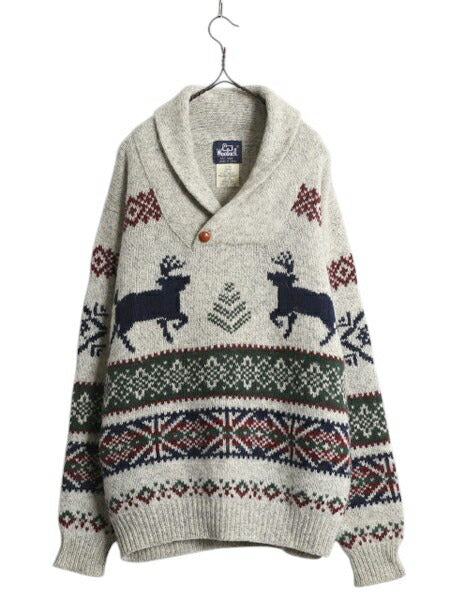 80s ウールリッチ ショールカラー ウール ニット セーター メンズ L / ヴィンテージ Woolrich 紺タグ ノルディック バーズアイ 絵柄 総柄