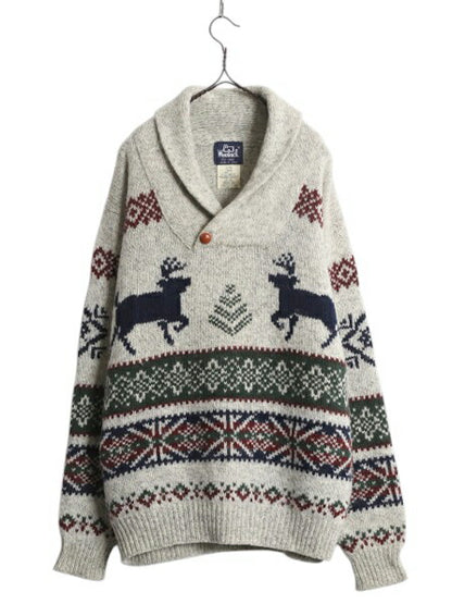 80s ウールリッチ ショールカラー ウール ニット セーター メンズ L / ヴィンテージ Woolrich 紺タグ ノルディック バーズアイ 絵柄 総柄