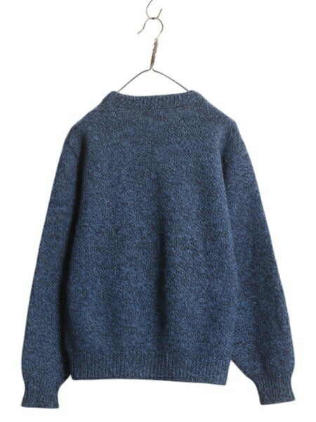 90s USA製 ランズエンド ウール ニット セーター メンズ L 小さめ M 程/ 古着 オールド LANDS END クルーネック 無地 ミドルゲージ 杢 青