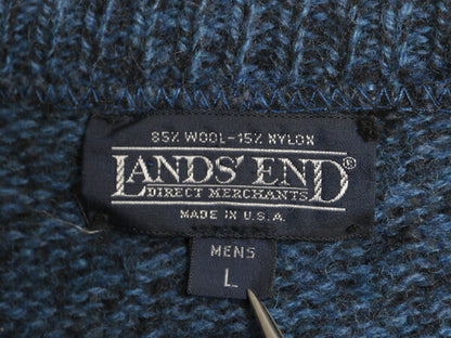 90s USA製 ランズエンド ウール ニット セーター メンズ L 小さめ M 程/ 古着 オールド LANDS END クルーネック 無地 ミドルゲージ 杢 青